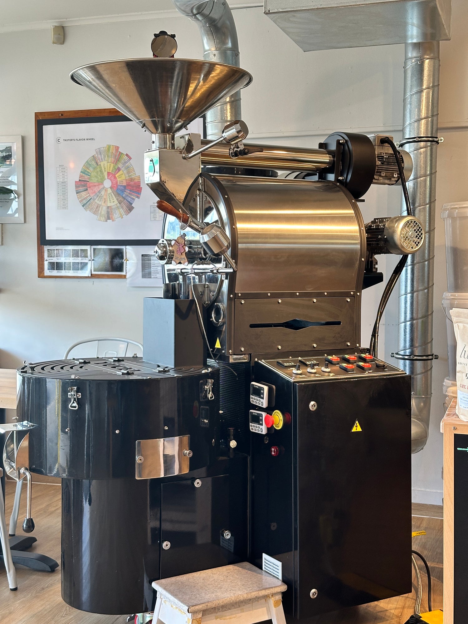 10kg Yucel coffee roaster in black with chrome finish for commercial or cafe roasting