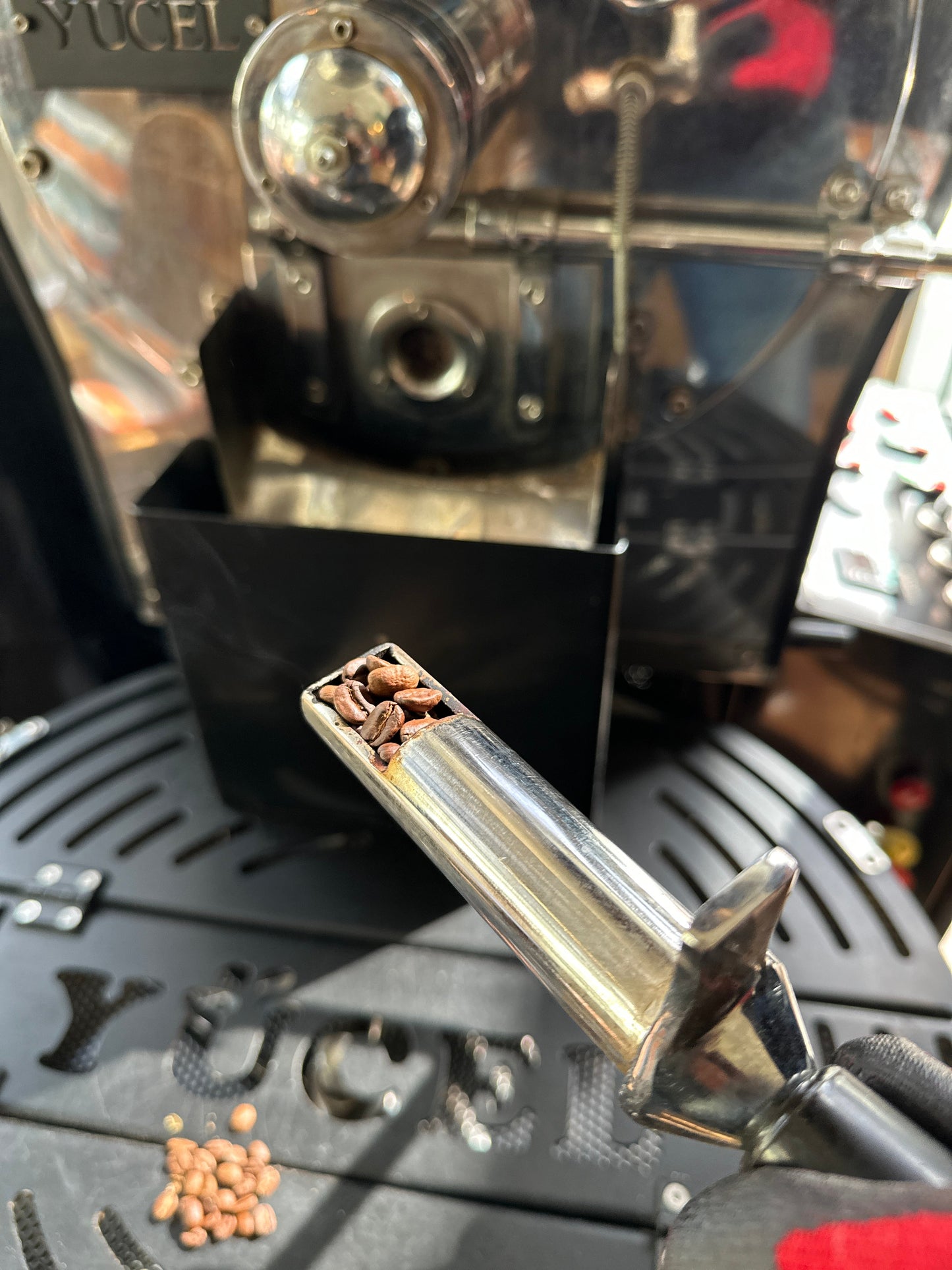 Black and chrome Yucel coffee roaster with chaff collector for commercial and café roasting Turkey Auckland NZ Sydney Brisbane Melbourne Perth Adelaide Australia