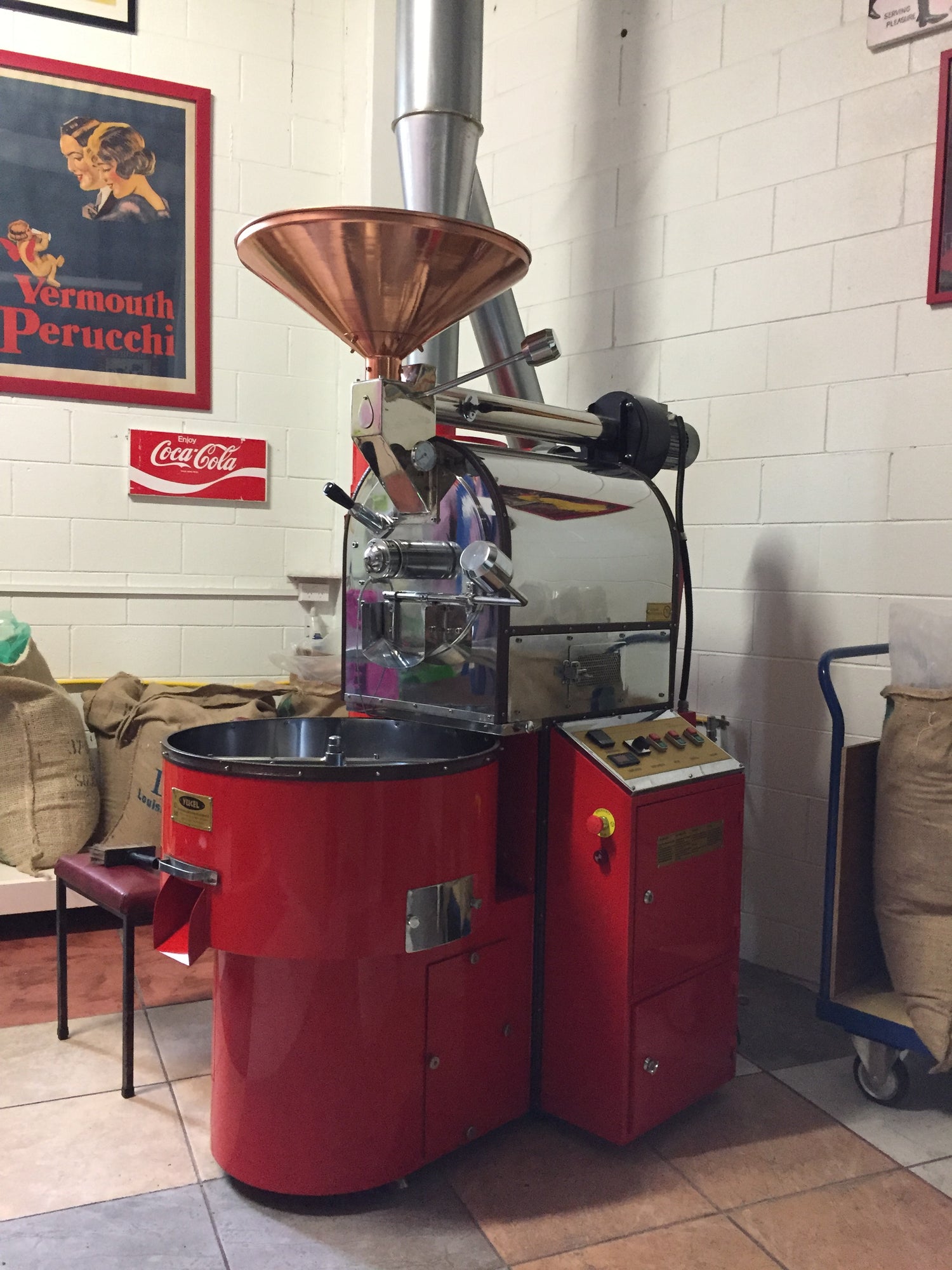 15kg Yucel coffee roaster in red color with copper design for cafe or commercial roasting