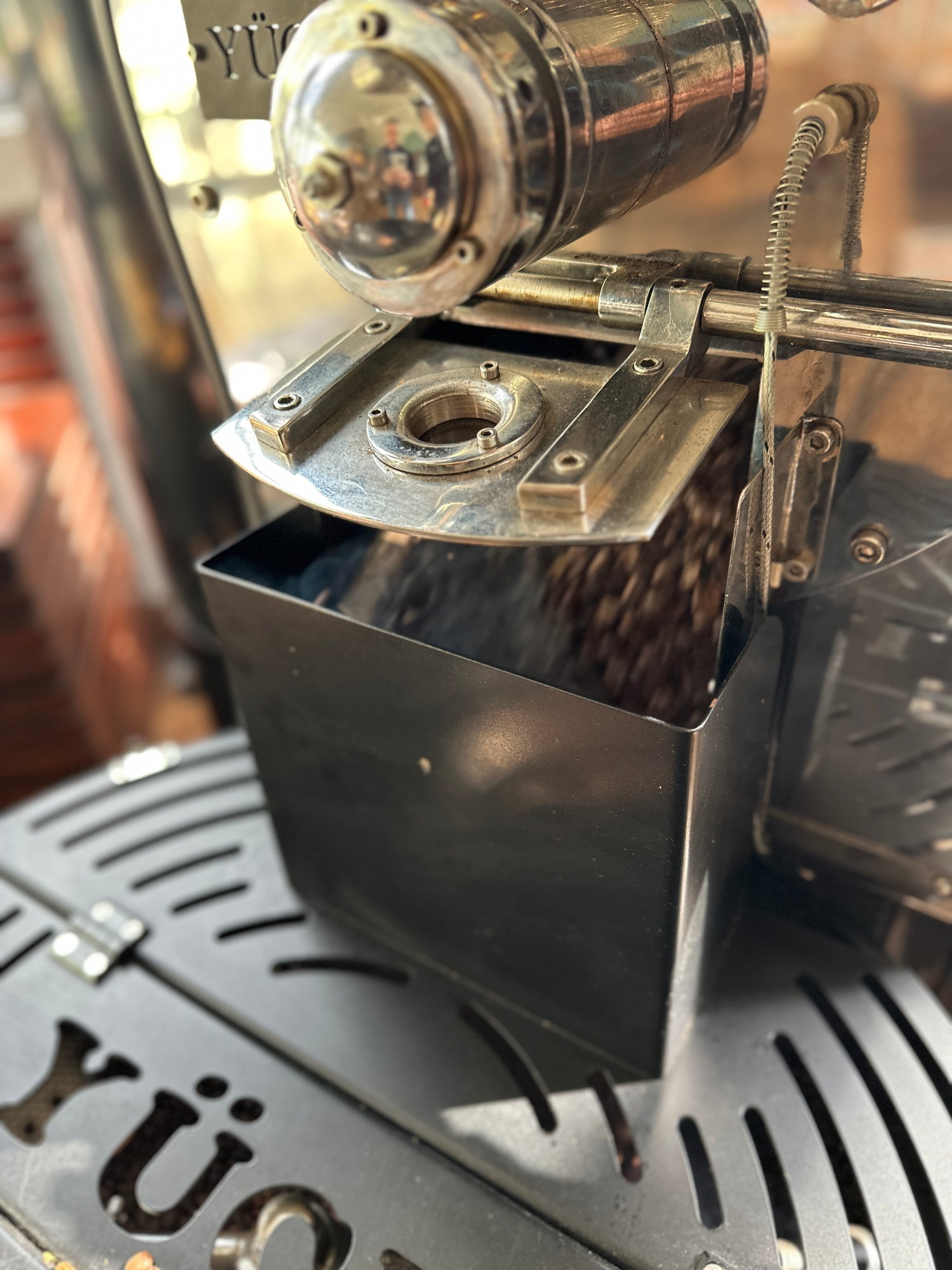 Fresh roasted coffee beans being released from Yucel roaster drum
