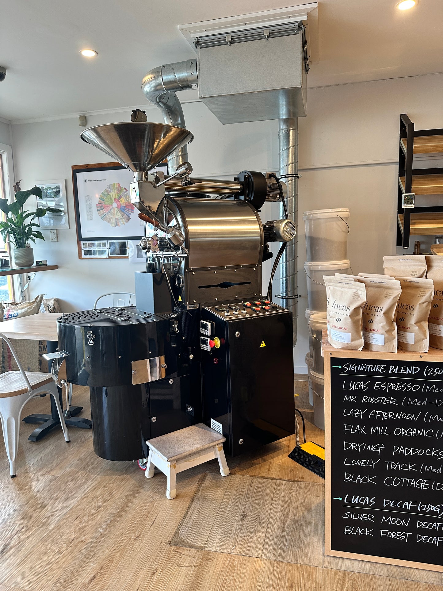 Yucel coffee roaster installed in a café for coffee roasting. 
